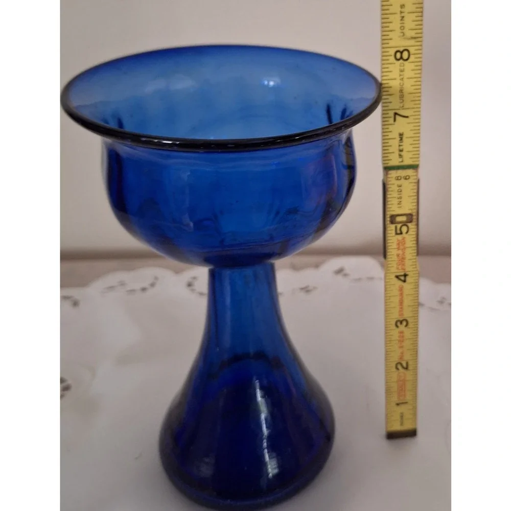 Vtg Cobalt Bue Hand Blown Glass Crocus Forcing Vase Optic Rib Polished Pontil